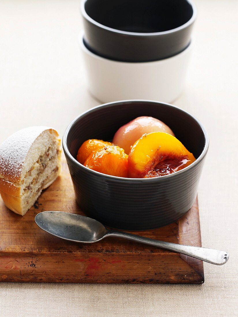 Poached fruit with cake