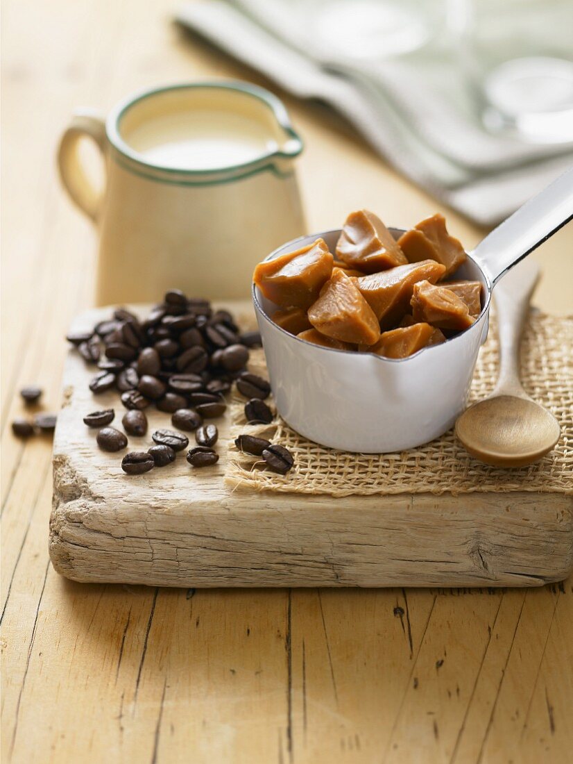 Milk, coffee beans and toffee chunks