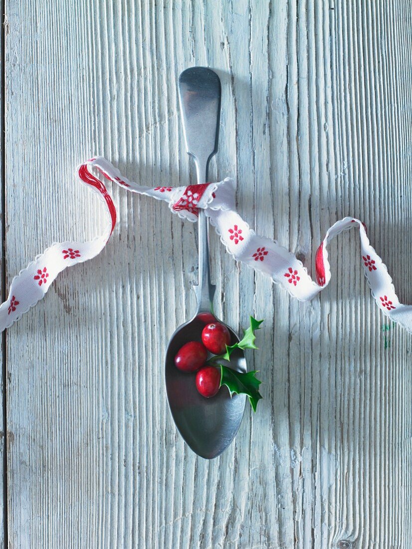 Cranberries on a spoon tied with a ribbon
