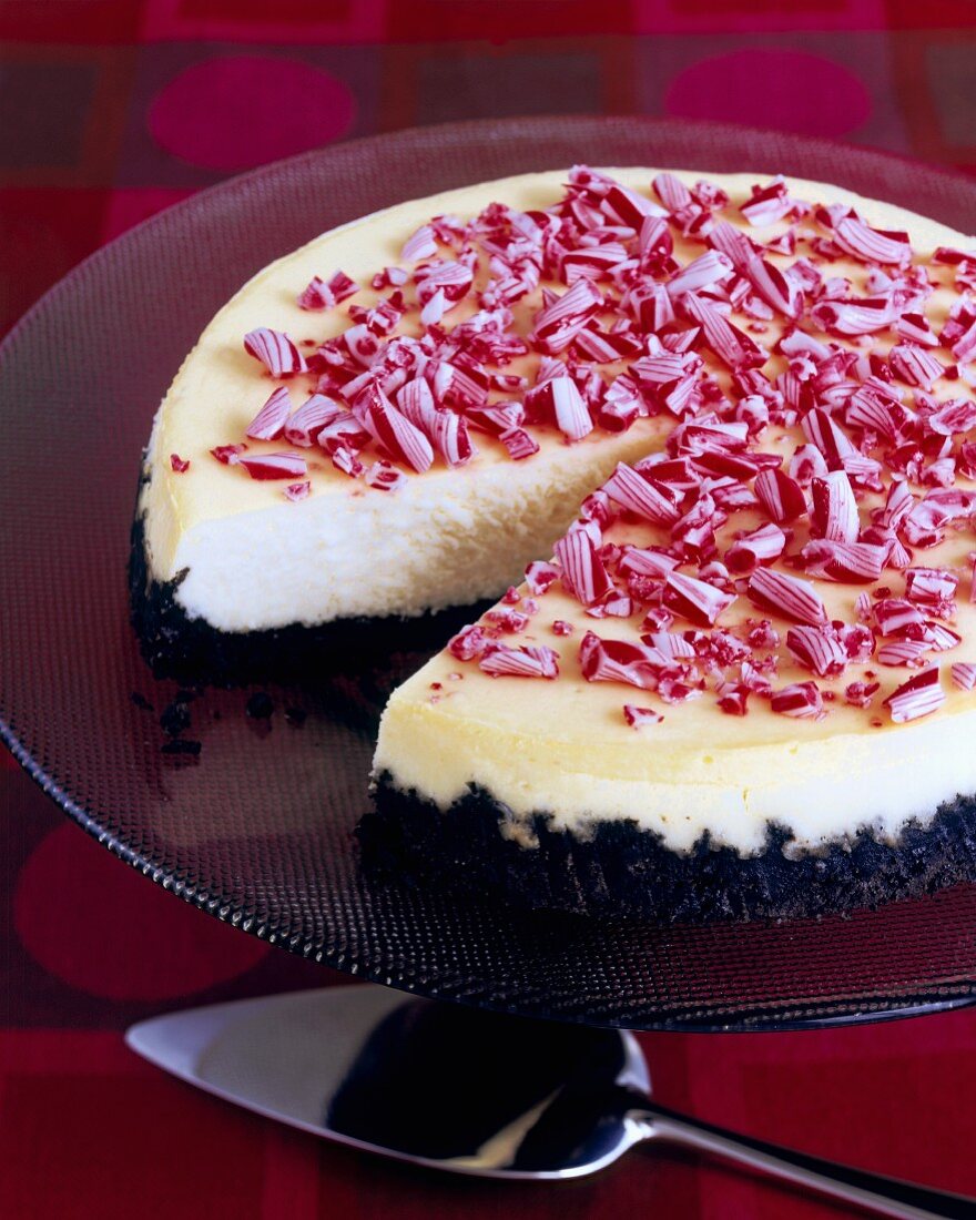 Chocolate Crusted Peppermint Cheesecake with a Slice Removed