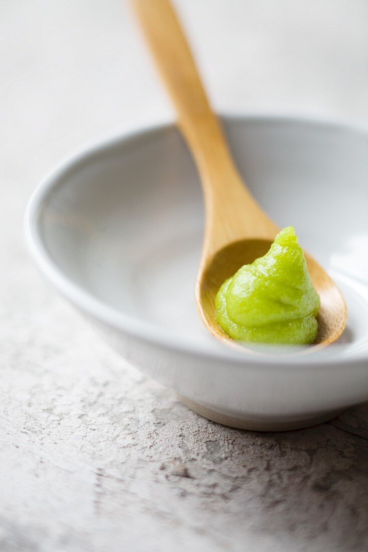 Wasabi paste on a wooden spoon