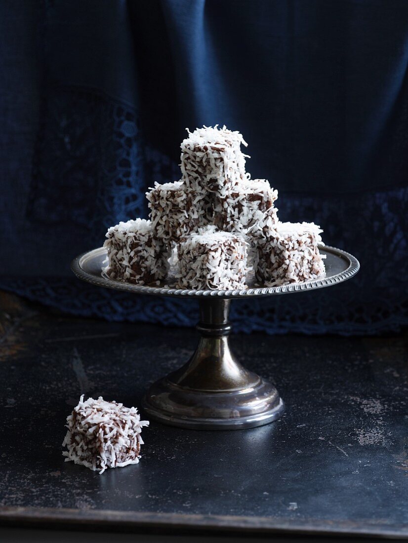 Lamingtons on a cake stand