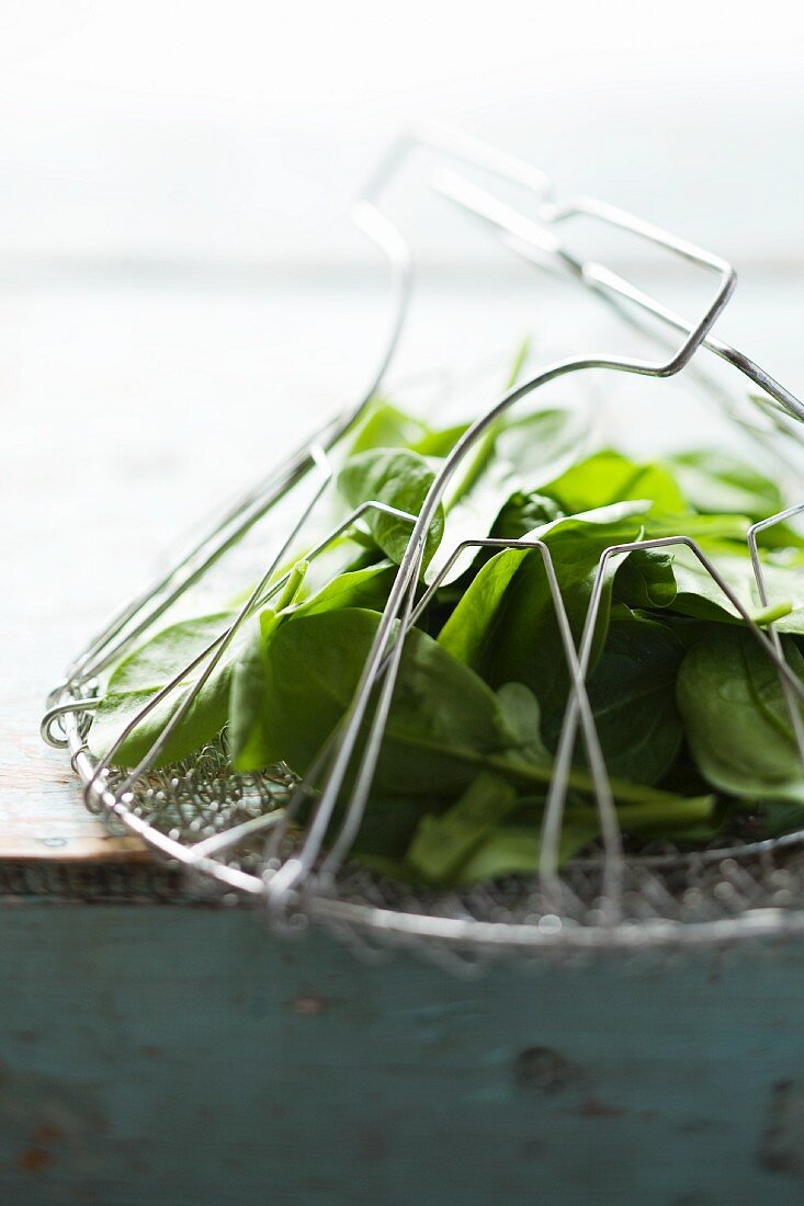 Baby spinach in a wire basket