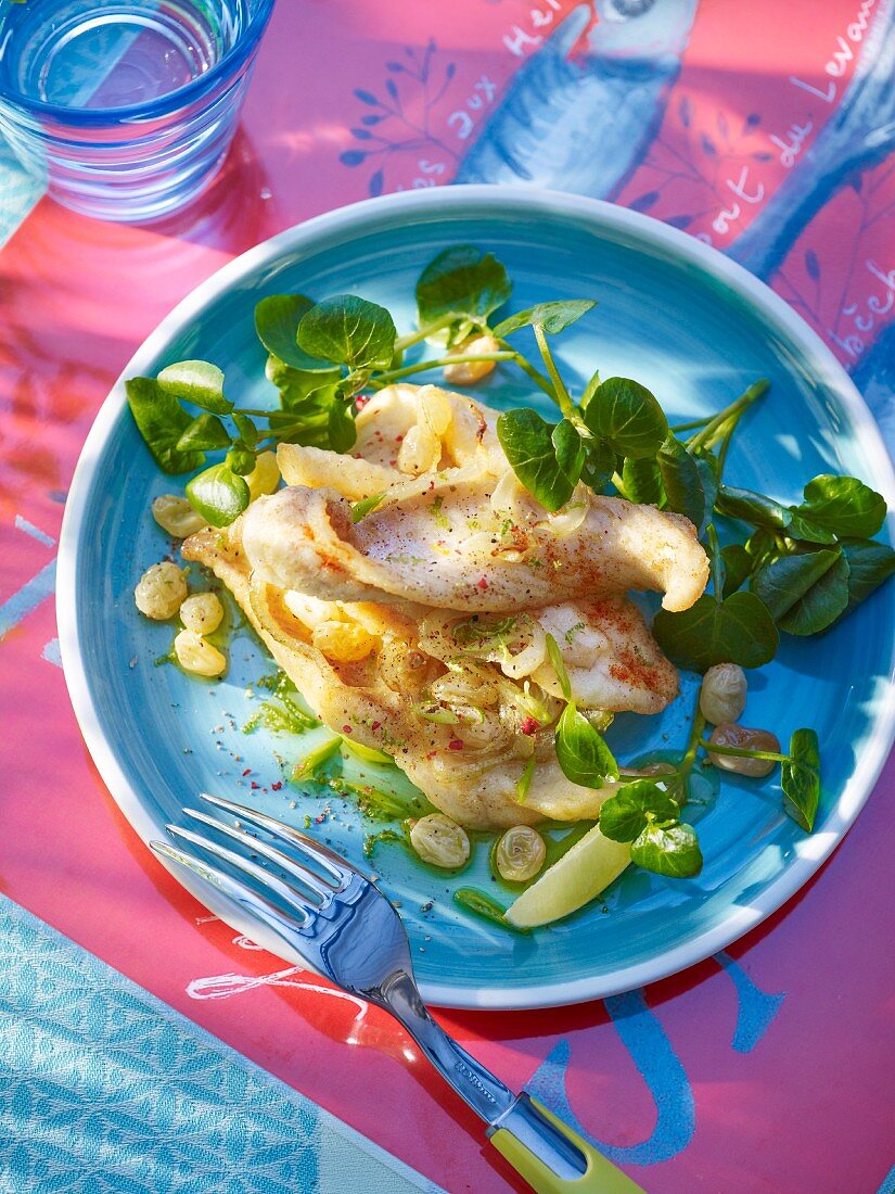 Pan-fried fillets of sole with watercress