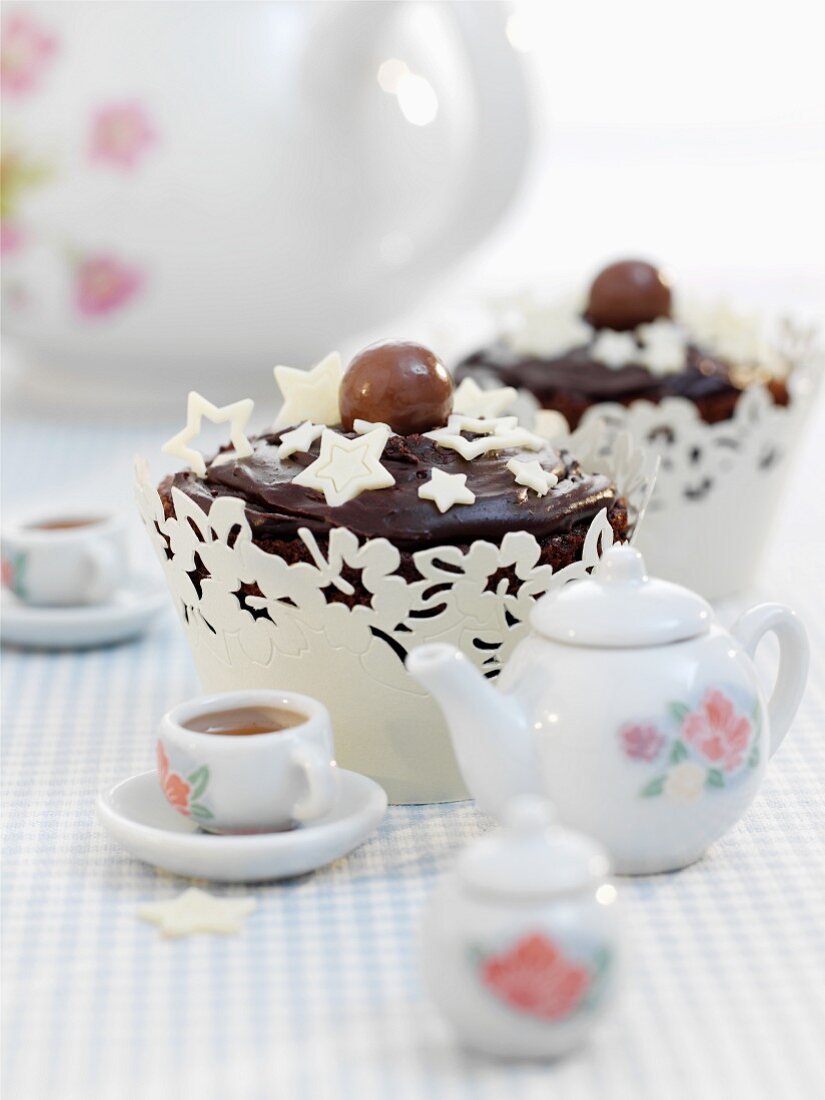 Malted chocolate fudge cupcake with white stars