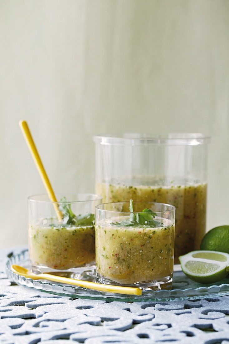 Spicy pineapple and cucumber gazpacho in glasses