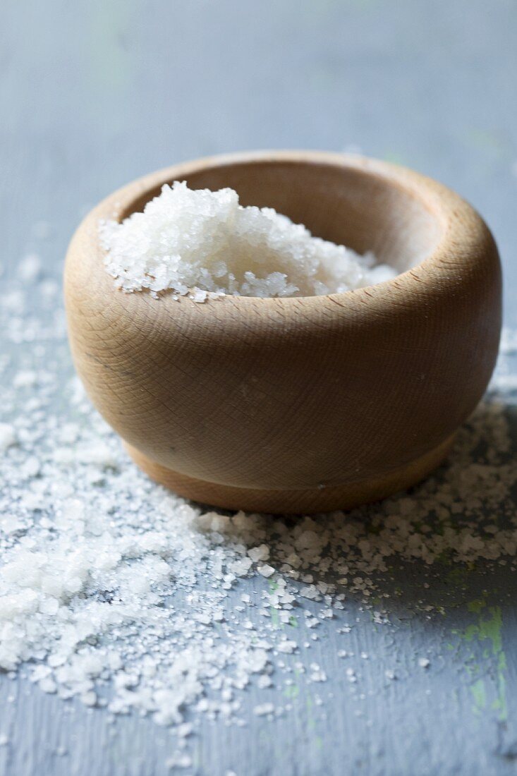 Fleur de sel in a wooden bowl