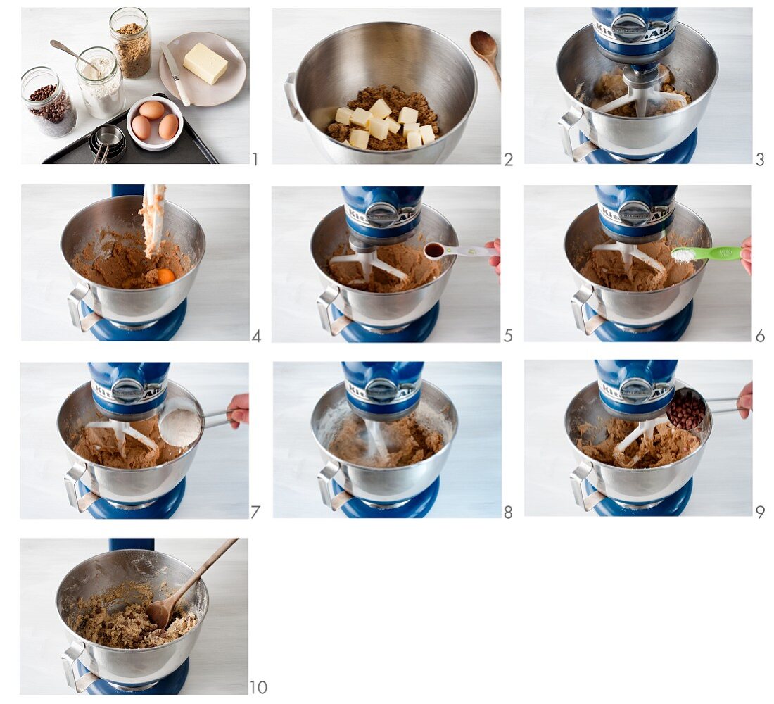 Mixture for chocolate chip cookies being prepared in a food processor