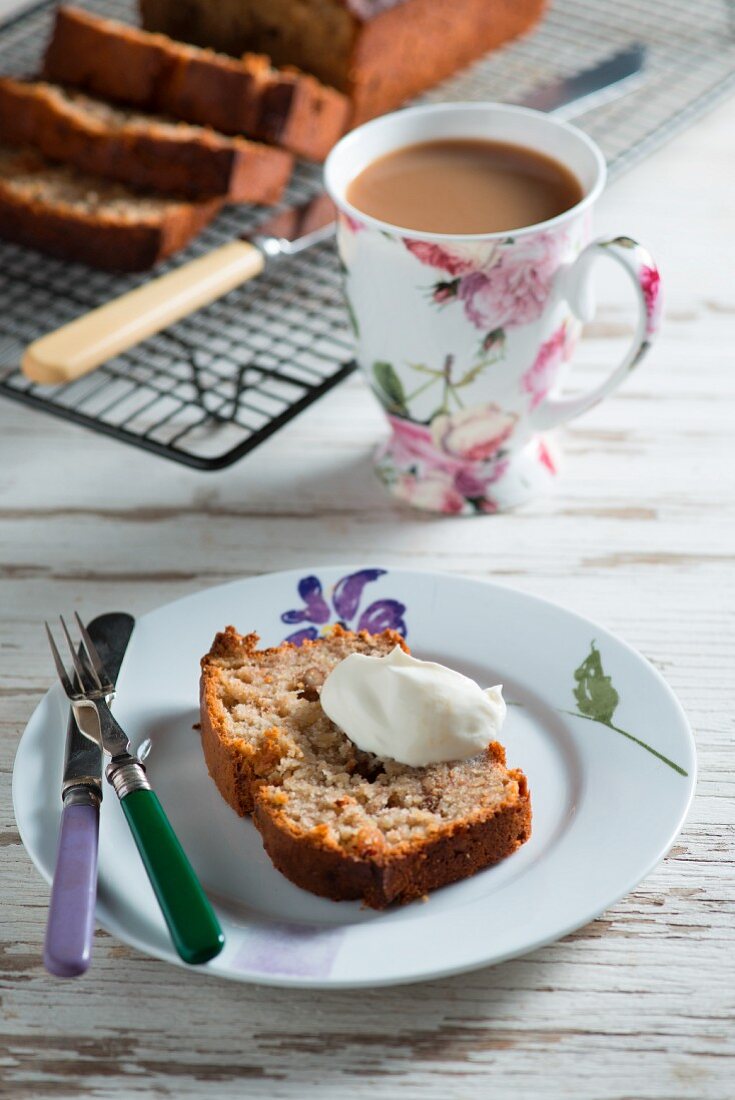 Banana and walnut bread with a mug of coffee