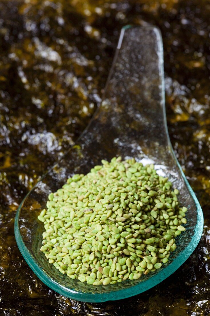 Wasabi-coated sesame seeds on seaweed