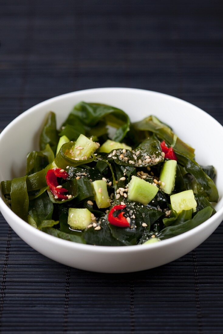 Wakame salad with cucumber, chillies and sesame seeds (Japan)