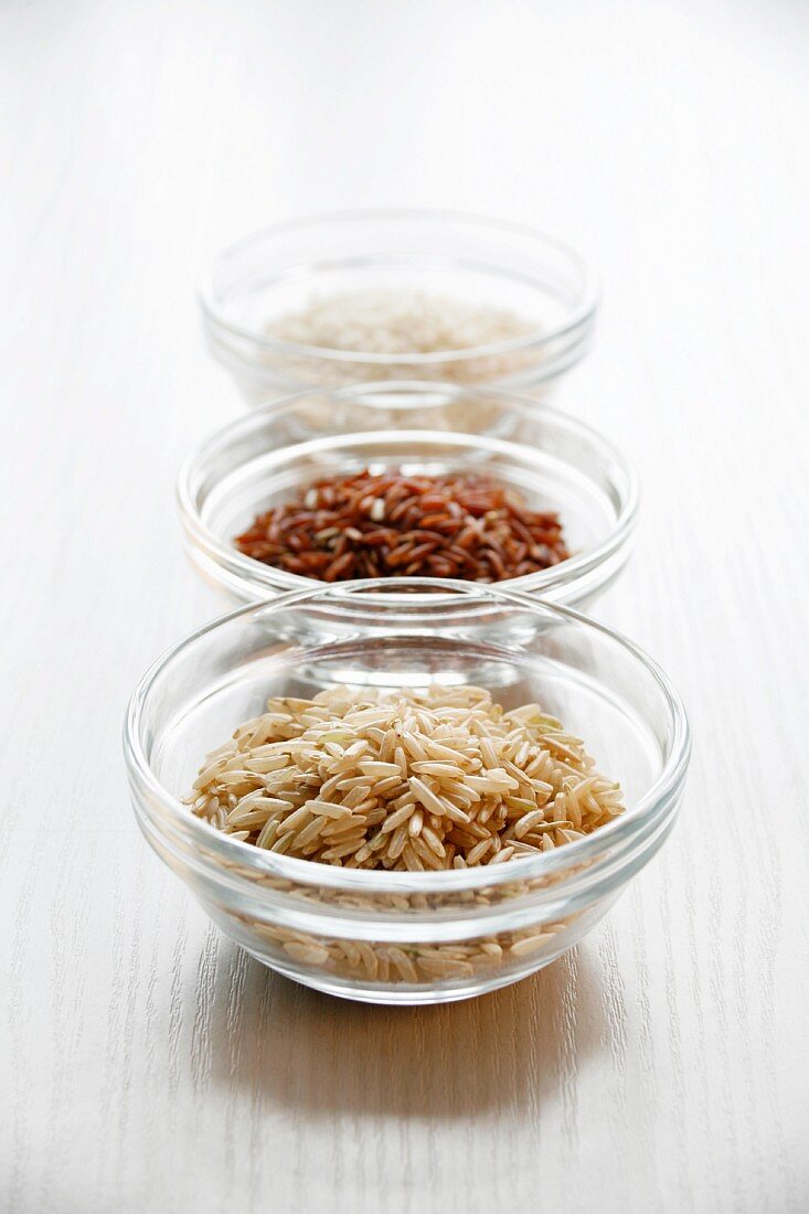 An Assortment of Rices in Bowls; From Above
