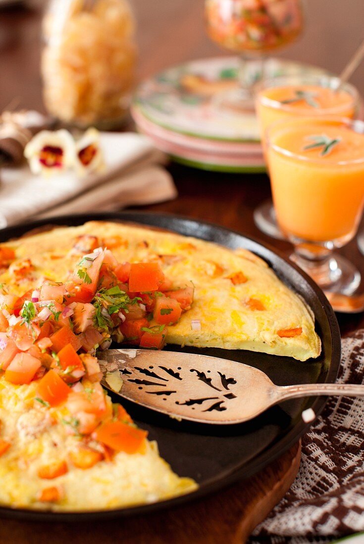 Sweet Potato Fittata with Tomato Salsa; Melon Ginger Soup in Glasses in Background