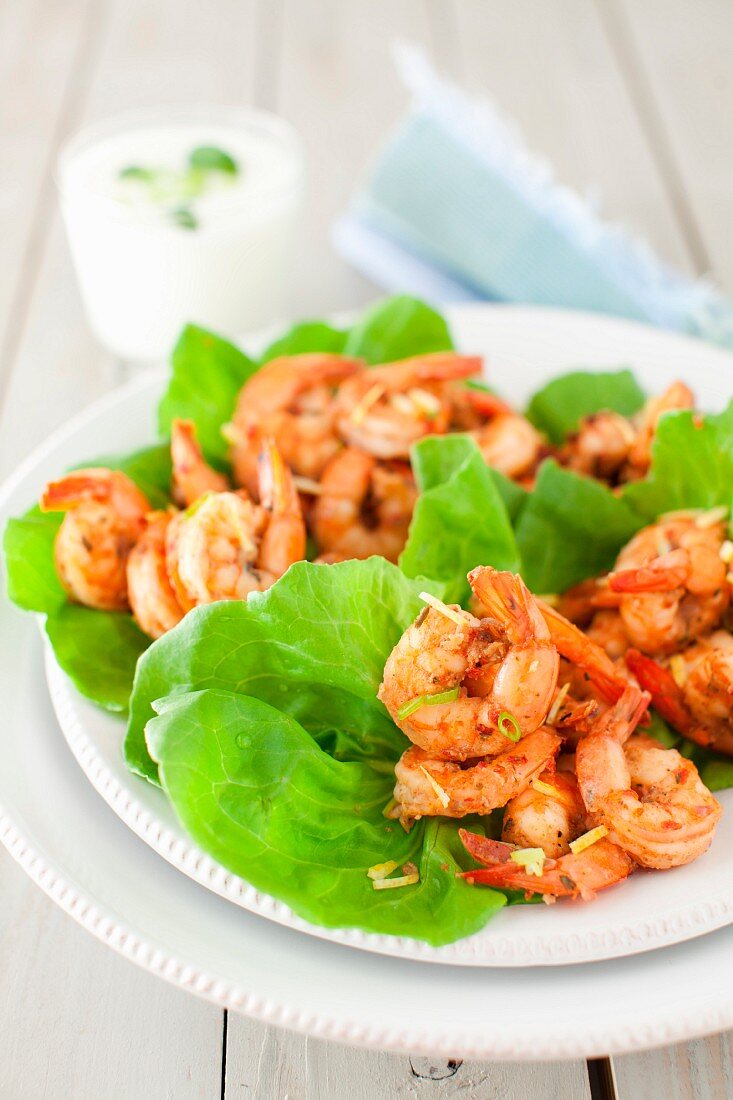 Spicy Garlic and Ginger Shrimp on Lettuce Leaves