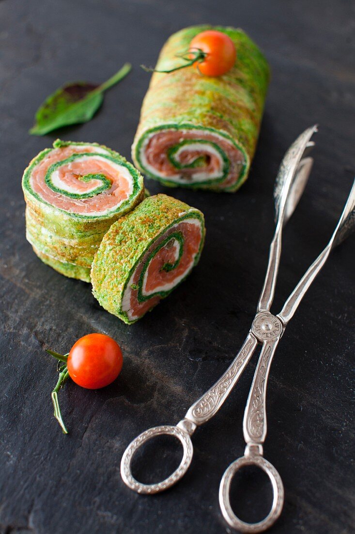 Spinach and Basil Smoked Salmon Wrap; Sliced