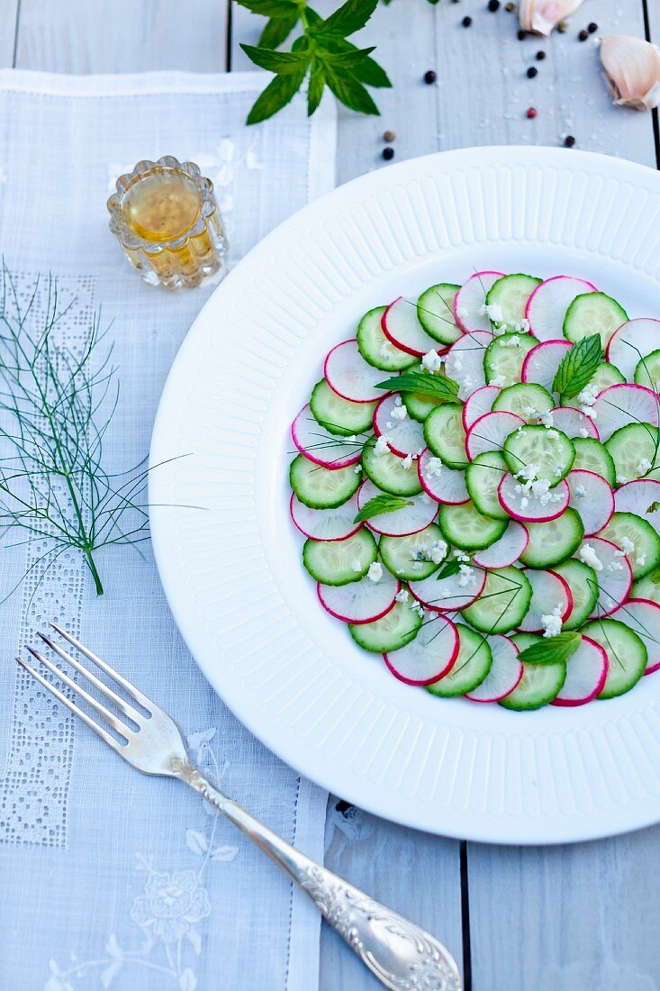 Cucumber and Radish Salad with Fennel and Garlic on a White Plate