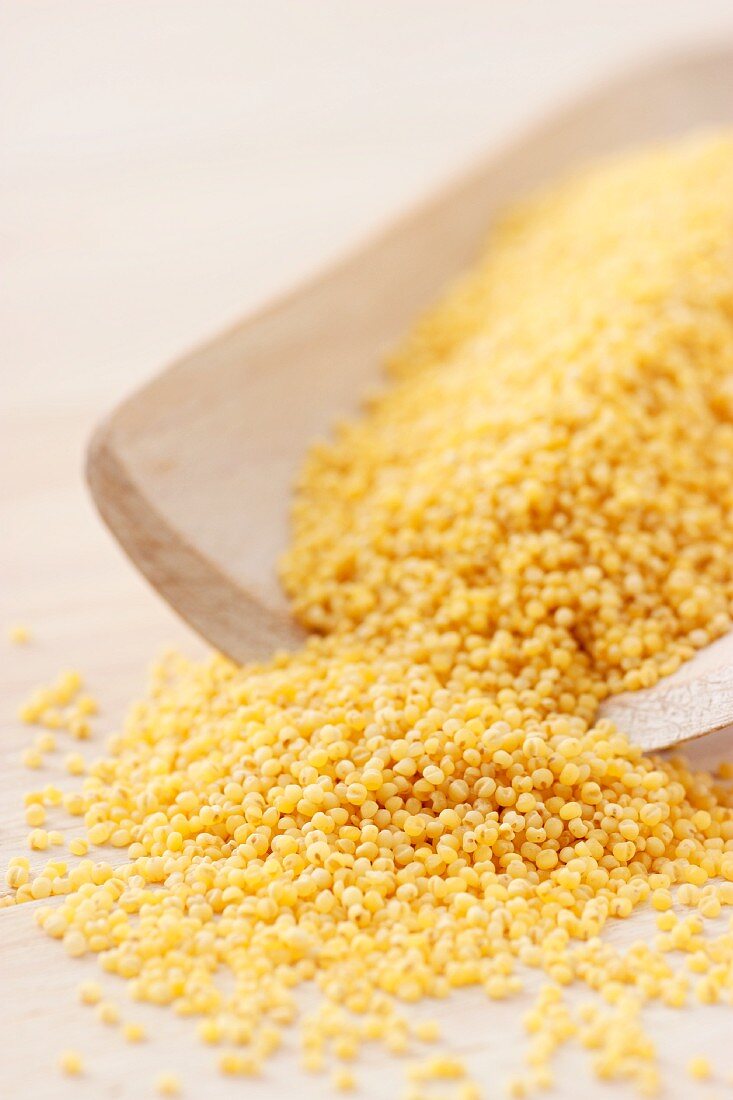 Millet on a wooden scoop (close-up)