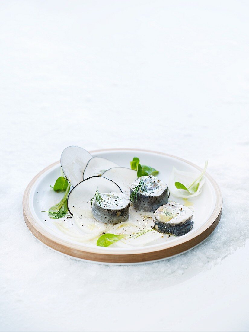 A salad of rollmops, radish and lamb's lettuce