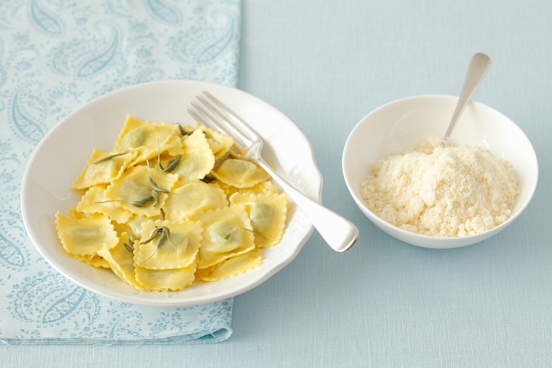 Cheese ravioli with butter and sage
