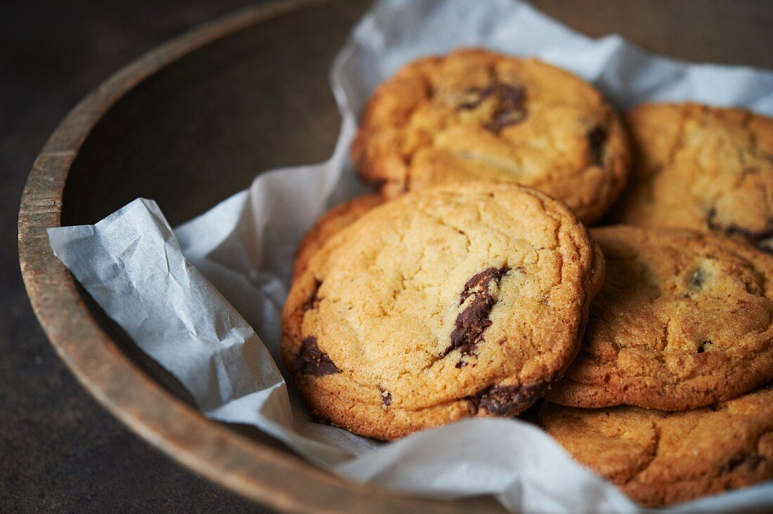 Chocolate Chip Cookies in a Wooden Bowl