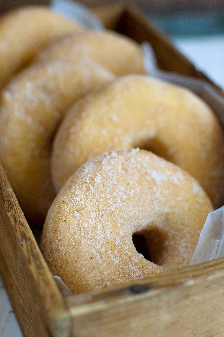 Plain doughnuts in a wooden box
