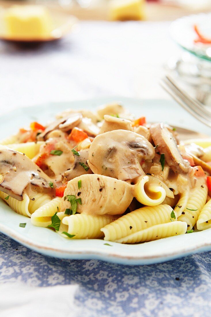 Chicken a la King with noodles, mushrooms and creamy sauce