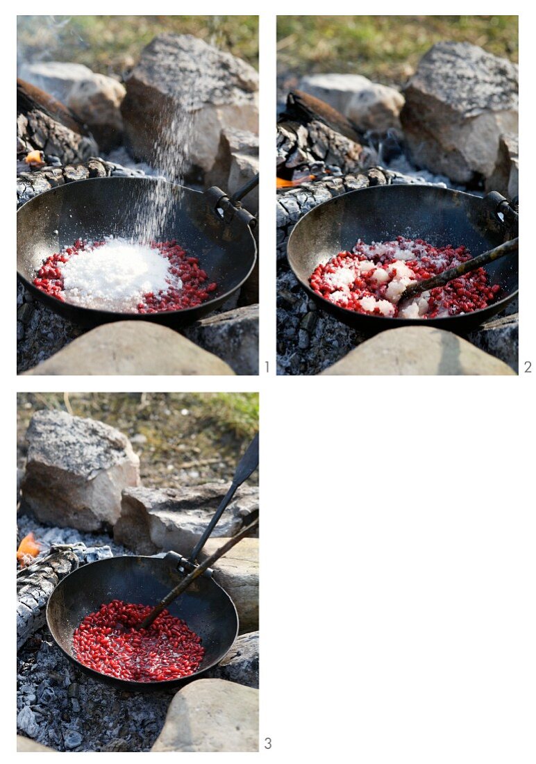 Stewed barberries being prepared on an open fire