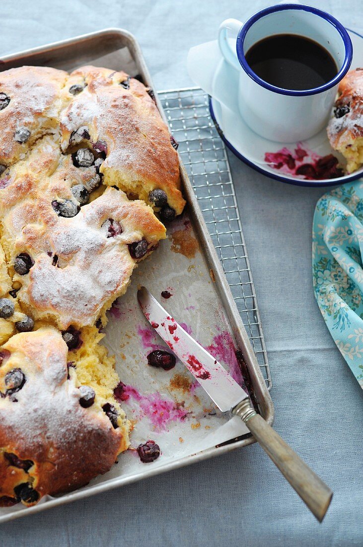 A yeast-raised cake with blueberries