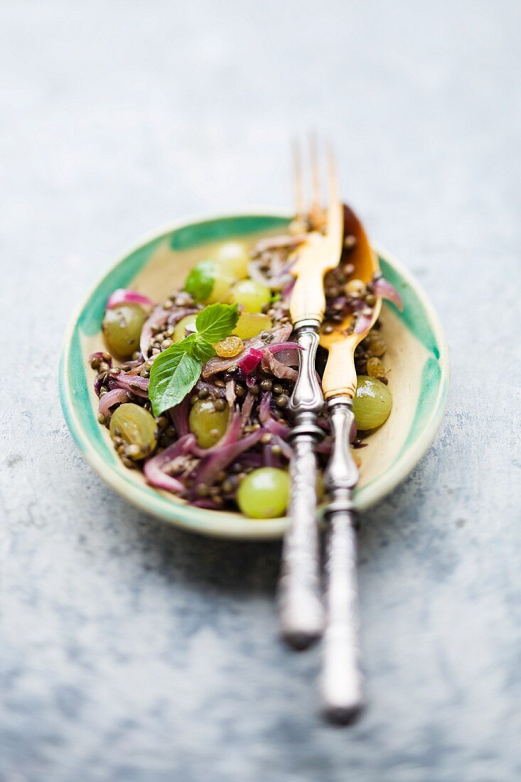 Lentil salad with grapes and confit of duck