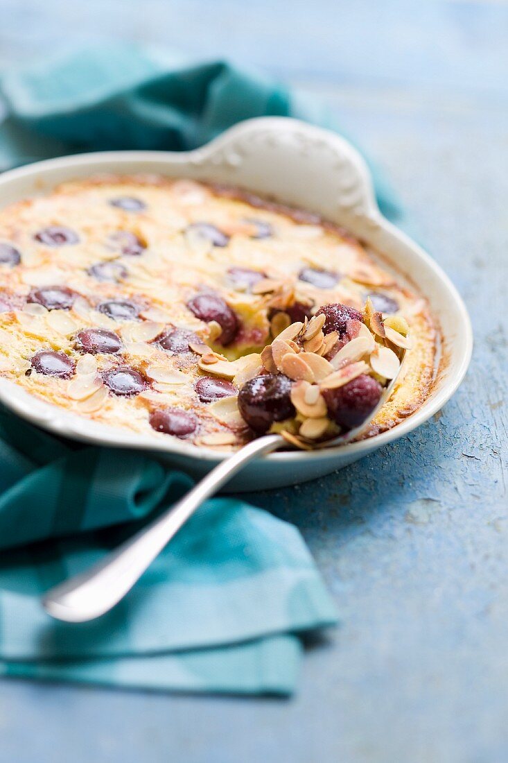 Clafouti with cherries and slivered almonds