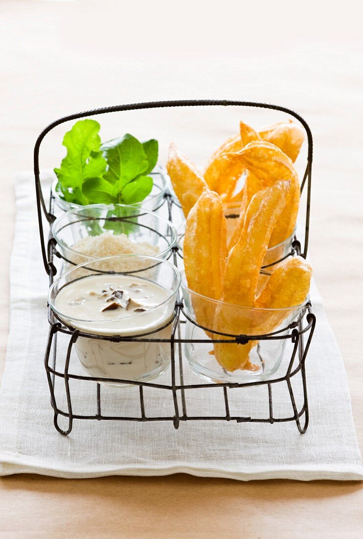 Savoury churros with dip and cheese
