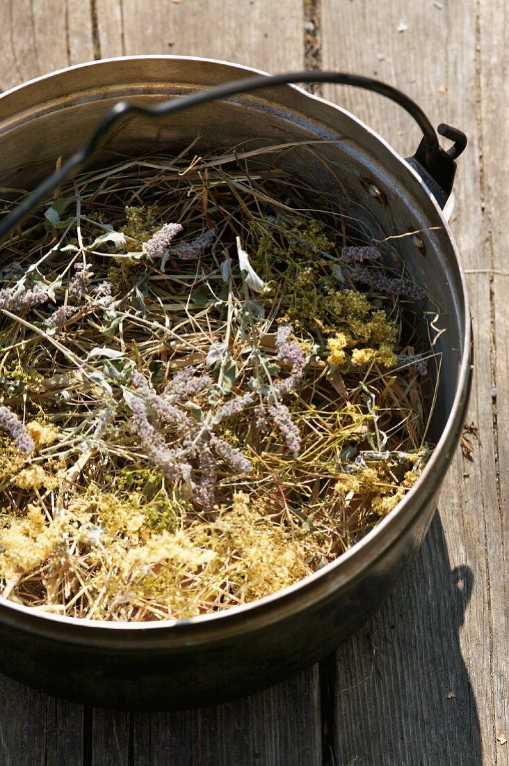 Dried herbal hay in a metal pot