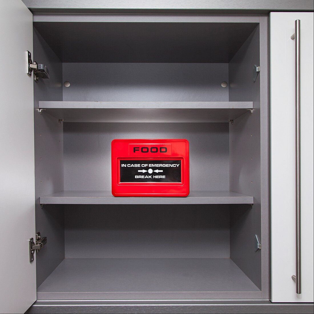 A metal container with emergency food store in an empty kitchen cupboard