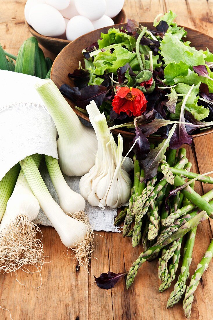 Asparagus, lettuce leaves, spring onions and garlic