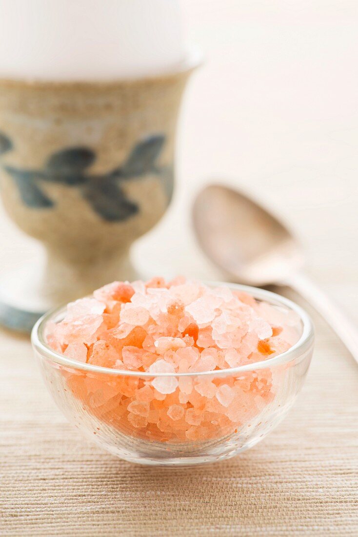 Himalaya salt in a small glass bowl