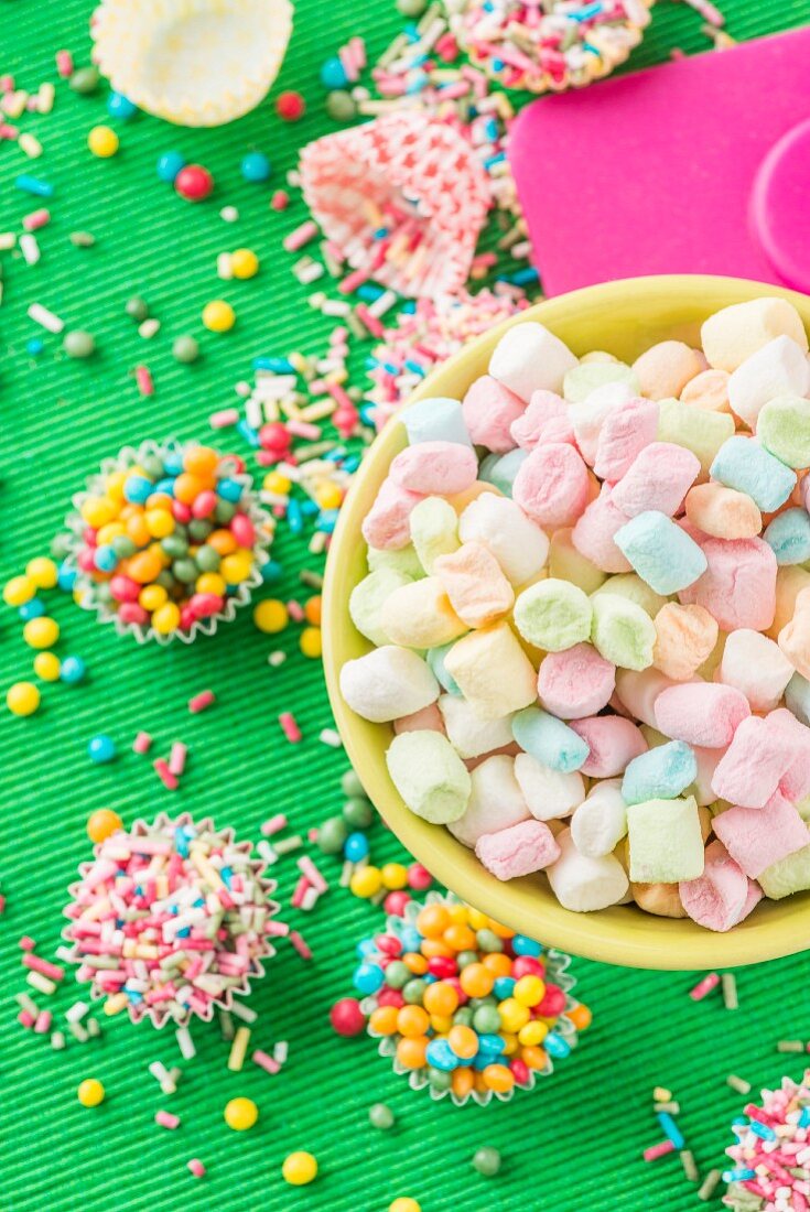 Colourful mini marshmallows, sugar balls and sugar sprinkles