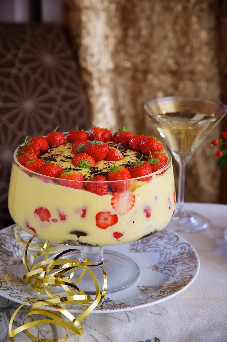 An eggnog muffin trifle with strawberries for New Year's Eve