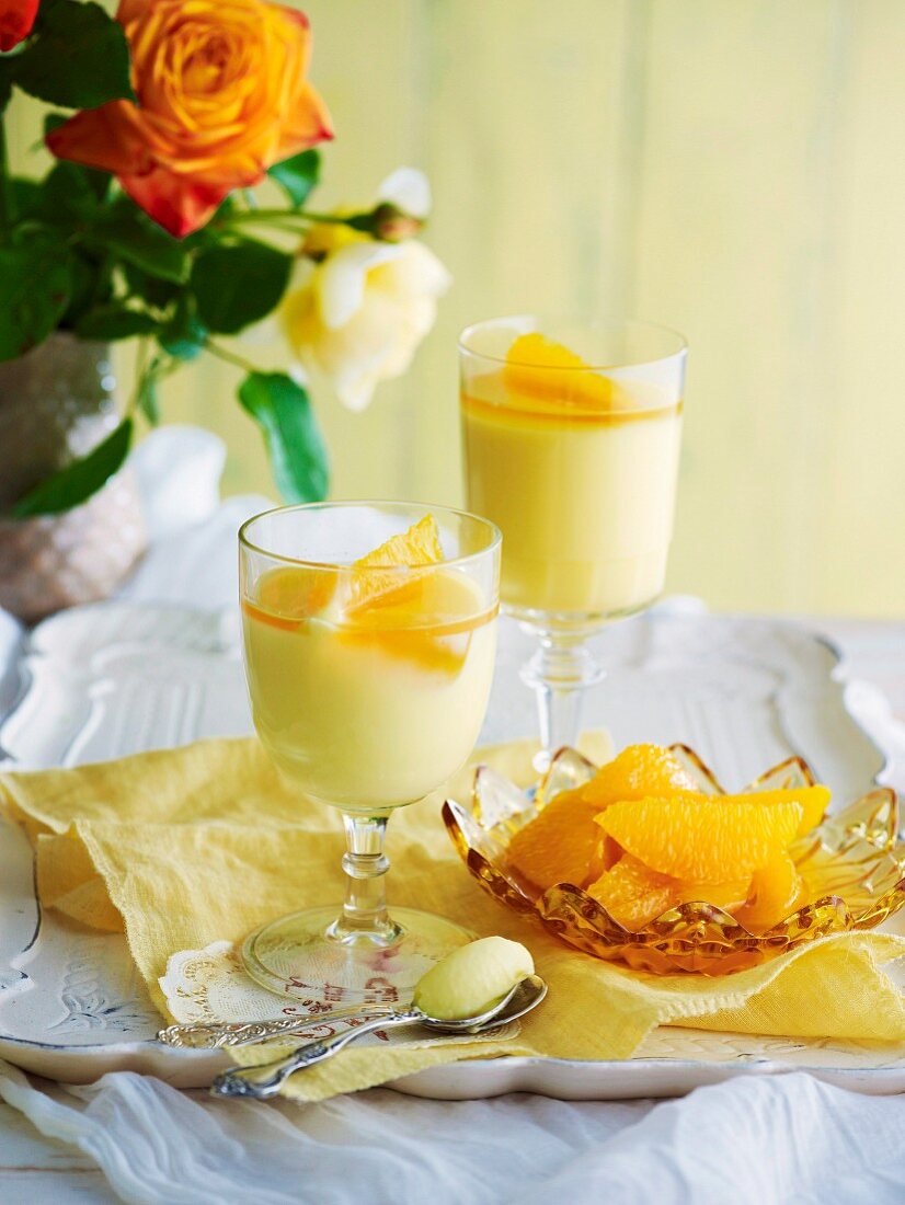 Lemon cream with brandied oranges