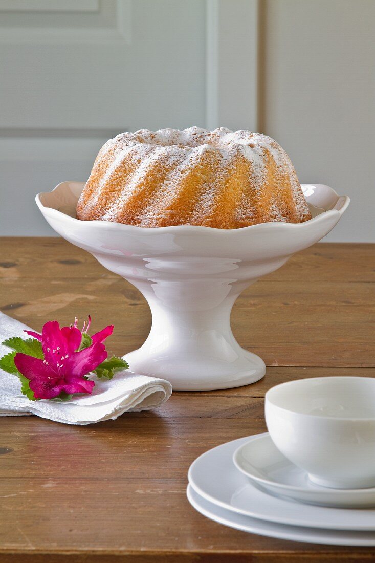 A plain cake dusted with icing sugar