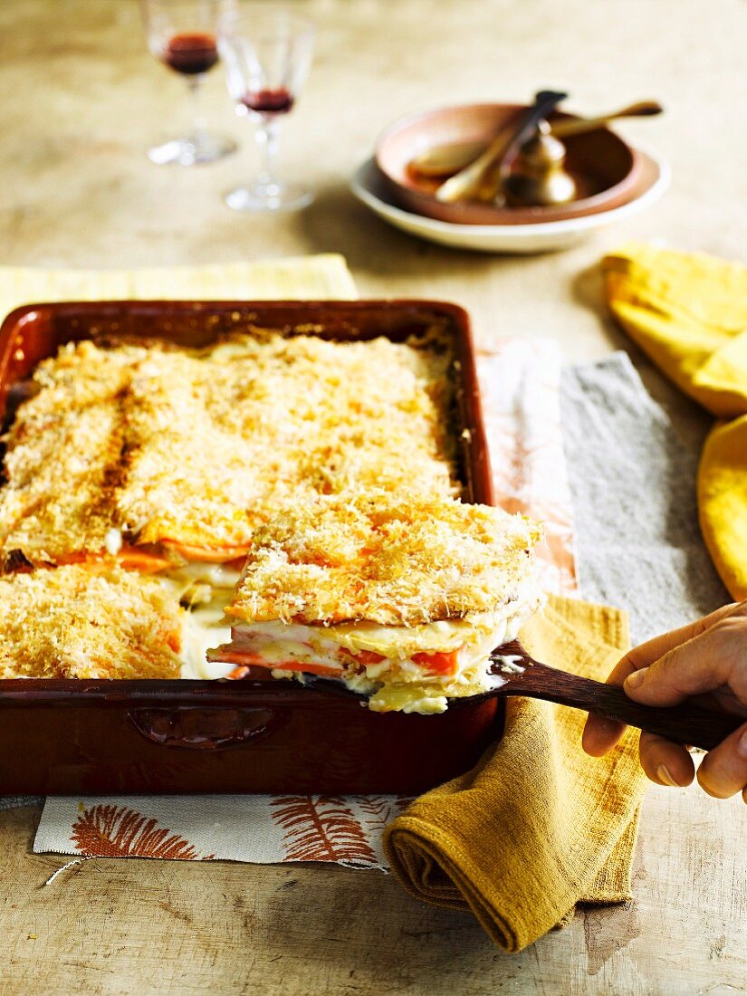 Winter vegetable gratin in a baking dish