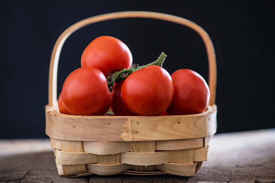 Tomatoes on the vine, in a basket