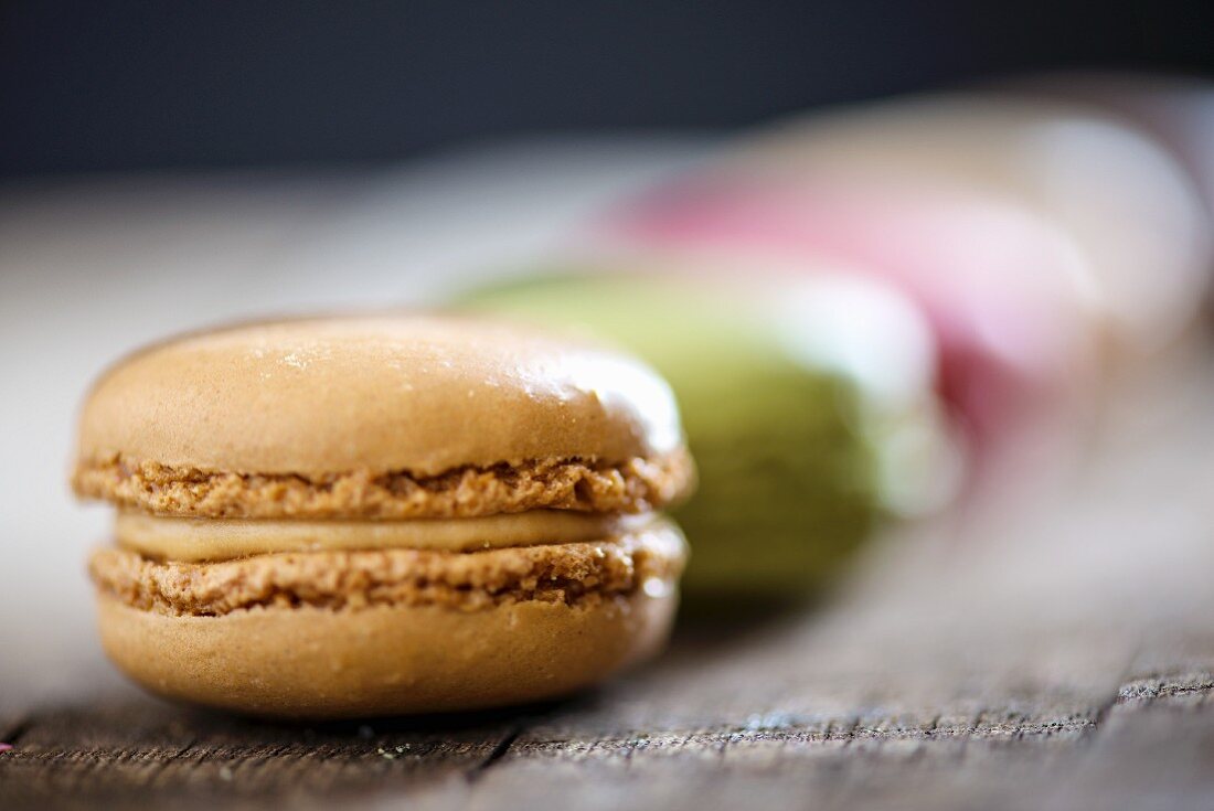 A coffee macaroon in a row of macaroons on a wooden table