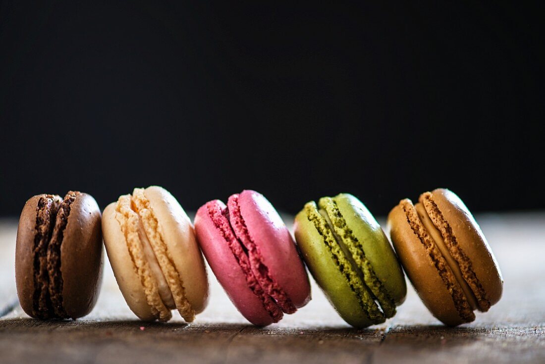 Several different macaroons in a row