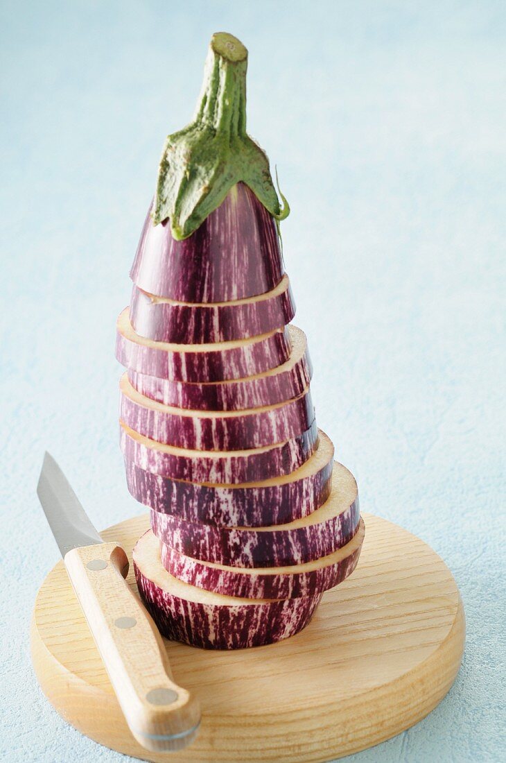 Aubergine, sliced and stacked