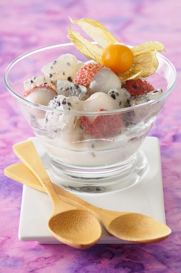 Exotic fruit salad with lychees and dragon fruit