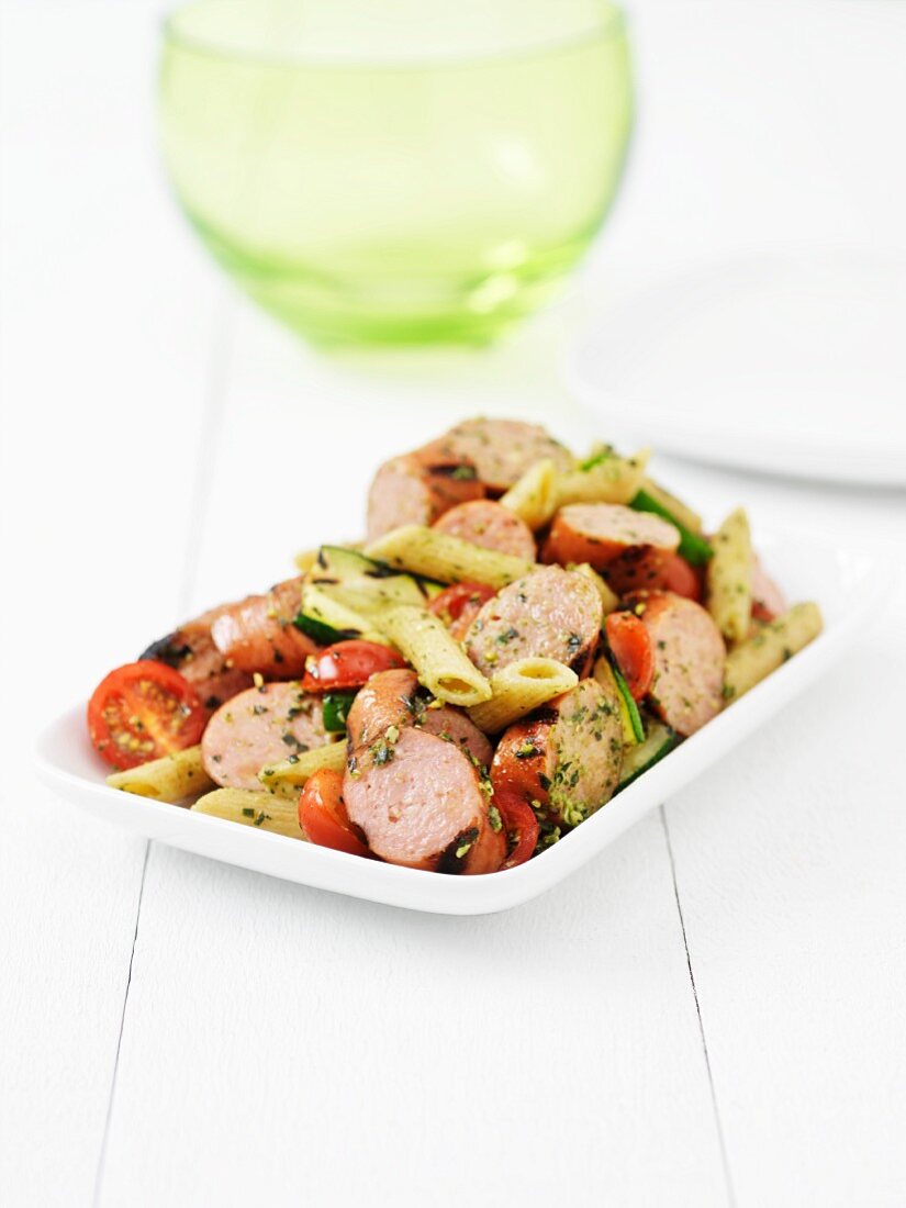 Pasta salad with chicken sausage and tomatoes