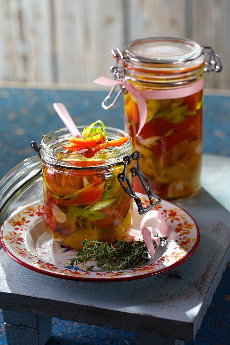 Pickled peppers in preserving jars