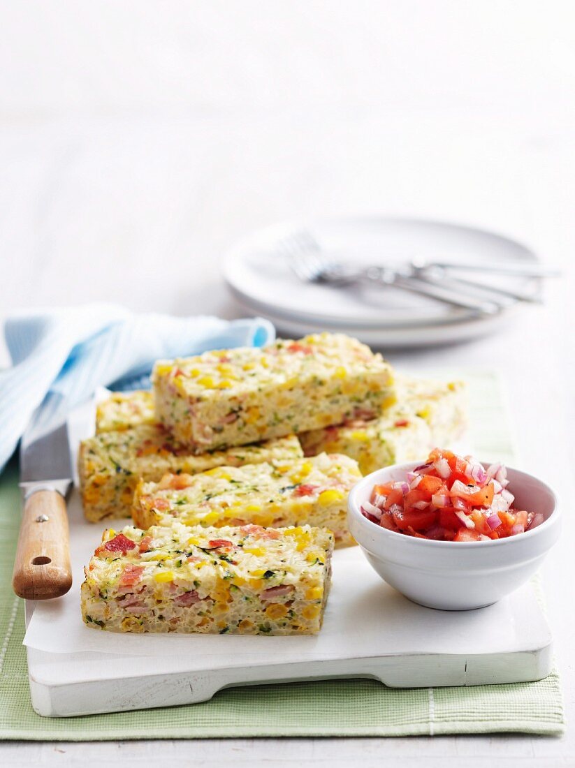 Corn, bacon and zucchini rice slice