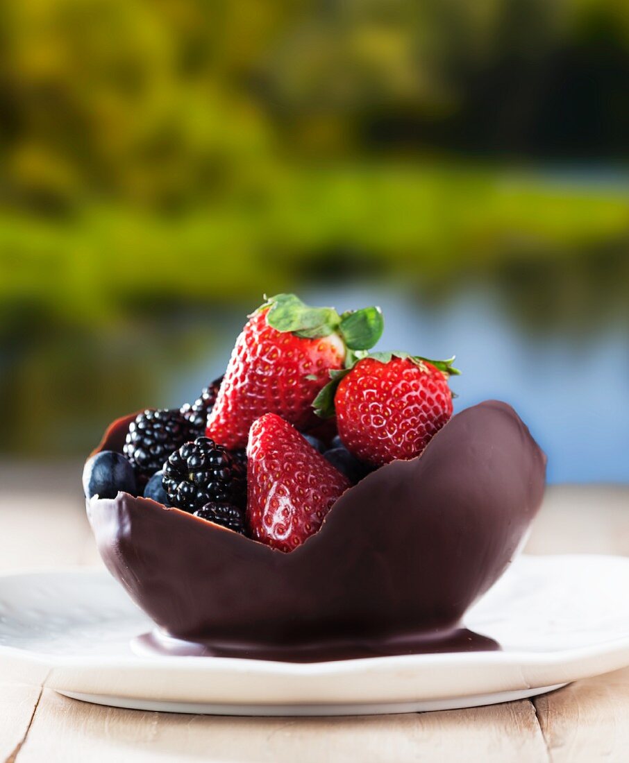 Blueberries, Blackberries and Strawberries in a Dark Chocolate Bowl