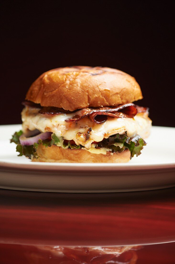 Bacon Cheeseburger on a Brioche Bun with Mixed Greens; On a White Plate